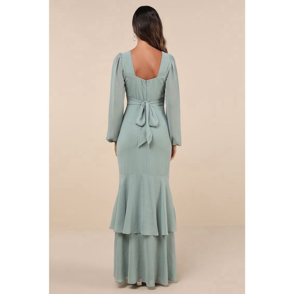 Lulus Tier Elegance Dress Women's Sage Brush Maxi Long Sleeve Tiered NWT L - Picture 3 of 8